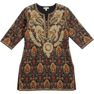 Karyn Seo Hand Embroidered Silk Blend Paisley Tunic Top Large Silk Poly